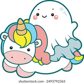 Illustration of cute white ghost icon.
Funny white ghost in activities stickers. A white cute ghost riding an unicorn