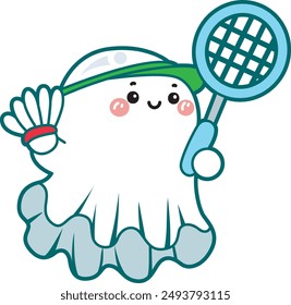 Illustration of cute white ghost icon.
Funny white ghost in activities stickers. A white cute ghost playing badminton