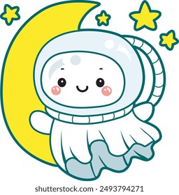 Illustration of cute white ghost icon.
Funny white ghost in activities stickers. A cute white ghost wearing astronaut costume