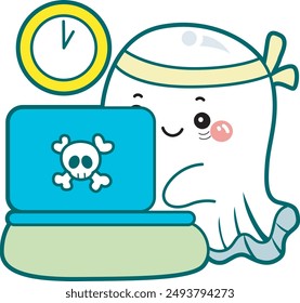 Illustration of cute white ghost icon.
Funny white ghost in activities stickers. A cute white ghost do homework in the notebook