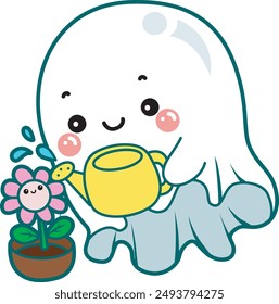 Illustration of cute white ghost icon.
Funny white ghost in activities stickers. A cute white ghost watering a flower