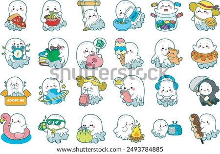 Illustration of cute white ghost icon.
Funny white ghost in activities stickers.
Elements of cute devil.