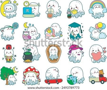 Illustration of cute white ghost icon.
Funny white ghost in activities stickers. Various of devil daily life.