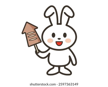 Illustration of a cute white rabbit holding grilled squid
