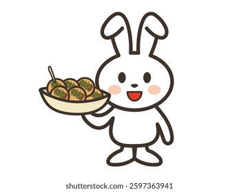 Illustration of a cute white rabbit holding takoyaki