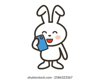 Illustration of a cute white rabbit looking at a smartphone happily