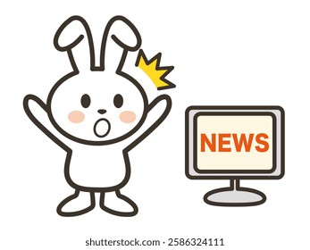 An illustration of a cute white rabbit surprised by the TV news