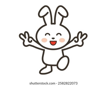 An illustration of a cute white rabbit who is overjoyed with a double peace sign