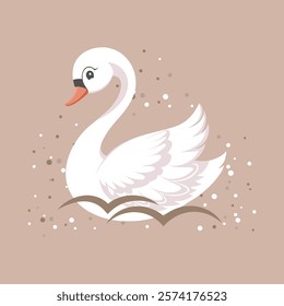 Illustration of a cute white swan on a beige background. Flat style illustration
