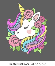 Illustration of cute white unicorn with rainbow mane and rose flowers. Vector print for kids book, print, greeting card, t-shirt