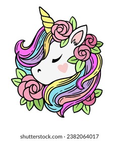 Illustration of cute white unicorn with rainbow mane and rose flowers. Vector print for kids book, print, greeting card, t-shirt