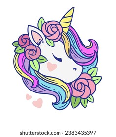 Illustration of cute white unicorn with rainbow mane and rose flowers. Vector print for kids book, print, greeting card, t-shirt