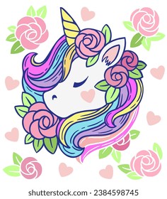 Illustration of cute white unicorn with rainbow mane and rose flowers. Vector print for kids book, print, greeting card, t-shirt