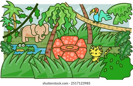 An illustration of cute wild animals hiding in the jungle.