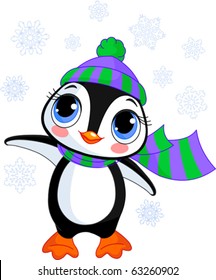 Illustration of cute winter penguin with hat and scarf  pointing