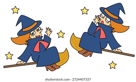 Eine Illustration einer süßen Hexe, die auf einem Besen fliegt.