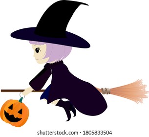Illustration of a cute witch flying in the sky with a broom for Halloween