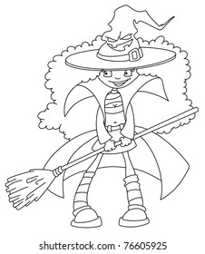 Illustration of a cute witch girl outlined