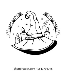 Illustration with cute witch hat. Isolated on white background. Doodle vector illustration.