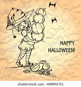 illustration of cute witch holding pumpkins. little young girl character. broken pumpkin. crumpled paper texture background. happy halloween