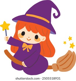 Illustration of a cute witch riding a broom