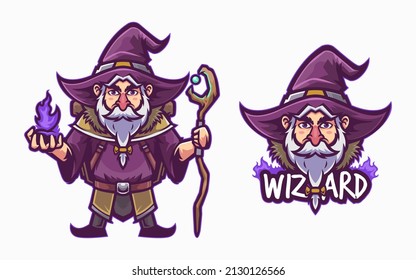 illustration of cute wizard with magic and cane in his hands