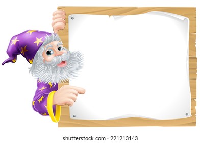 An illustration of a cute wizard mascot and a wooden sign