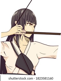 Illustration of a cute woman doing Japanese martial arts archery