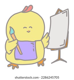 Illustration of a cute yellow cartoon chick holding a paint brush Suitable for stickers, animated characters, logos, icons, key chains, souvenirs