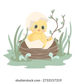 Illustration eines süßen gelben Kükens, das aus einem Ei in einem Nest schlüpft, umgeben von Gras und Zweigen auf einfarbigem weißem Hintergrund