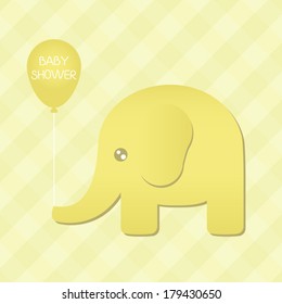 Illustration of a cute yellow elephant holding a "baby shower" balloon. Eps 8.