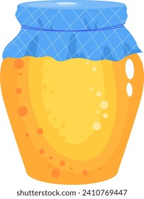 Illustration of a cute yellow honey jar with a blue checkered cloth lid. Cartoon-style honey container graphic design. Sweet organic food theme vector illustration.