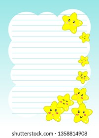 Illustration of cute yellow kawaii stars on light blue background