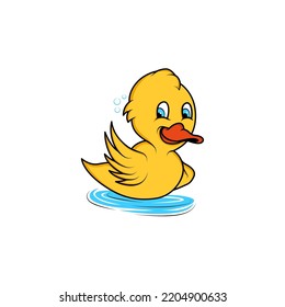 Illustration of cute yellow rubber duckling on water