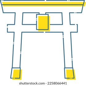 Illustration of a cute yellow torii gate with a dashed blue line