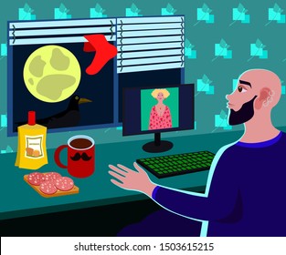 Illustration of a Cute Youing Man Having a Video Call with His Girl-friend. Vector illustration