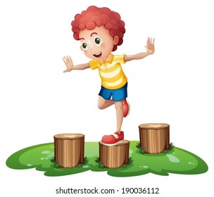 Illustration of a cute young boy playing above the stumps on a white background