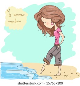 Illustration of a cute young girl with brown hair on the beach. Summer background. Template for design cards, notebook, shop, beauty salon, poster and cosmetics /Print for T-shirt. Character design.