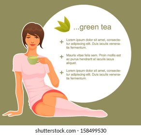 illustration of a cute young girl relaxing and drinking green or herbal tea