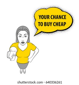 Illustration of a Cute Young Woman Pointing at You. Last Chance