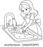 Illustration of a cute young woman washing the dishes  in her kitchen after dinner, coloring page. Everyday homework, black and white outline vector cartoon illustration