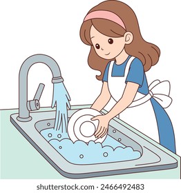 Illustration of a cute young woman washing the dishes  in her kitchen after dinner. Everyday homework, outline vector cartoon illustration