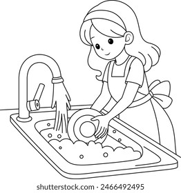 Ilustración de una joven linda lavando los platos en su cocina después de la cena, página para colorear. Tarea cotidiana, ilustración de dibujos animados de Vector de contorno blanco y negro