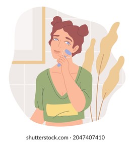 Illustration with cute young women, cosmetics products in bottles, jars and tubes for skin care. Skincare routine set. Flat cartoon vector illustration.