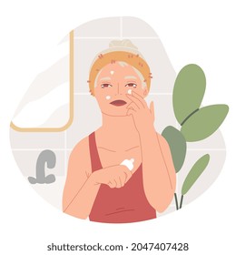 Illustration with cute young women, cosmetics products in bottles, jars and tubes for skin care. Skincare routine set. Flat cartoon vector illustration.
