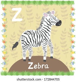 Illustration of cute zebra on the background with floral elements. Vector card of animal alphabet