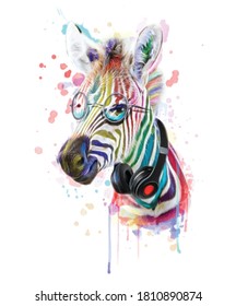 illustration of cute zebra with rainbow wearing headphones.Crazy animal print. Humor poster, t-shirt composition, hand drawn style print.