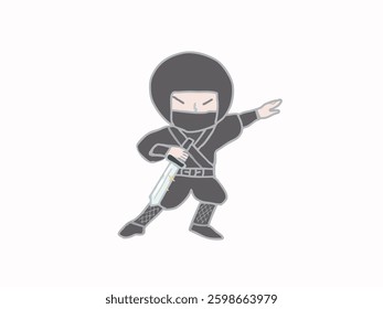 An illustration of a cute-faced ninja posing while holding a short sword and surviving the Sengoku period