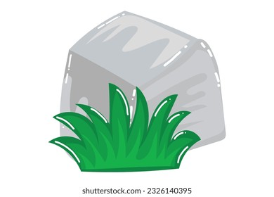 illustration cutout rock surrounded by green trees and stone