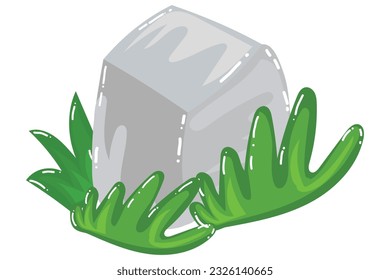 illustration cutout rock surrounded by green trees and stone
